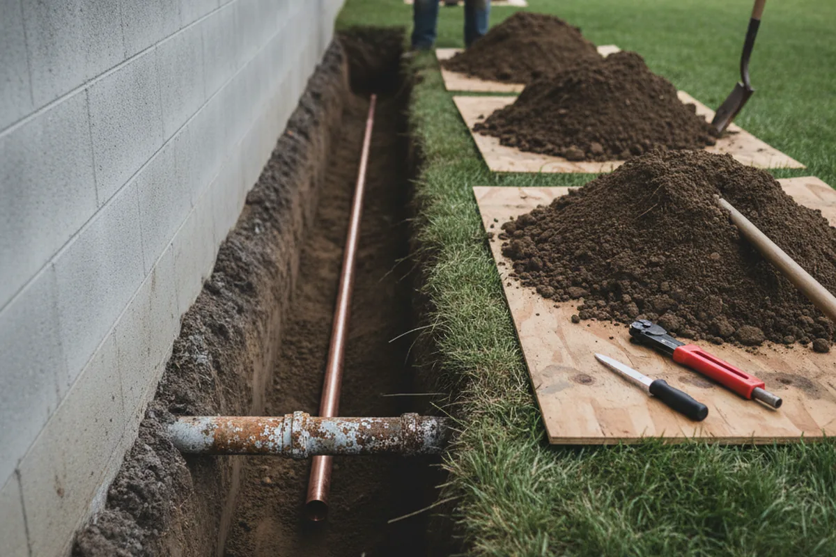 Excavated water line trench during Water Heater Repair in Durant